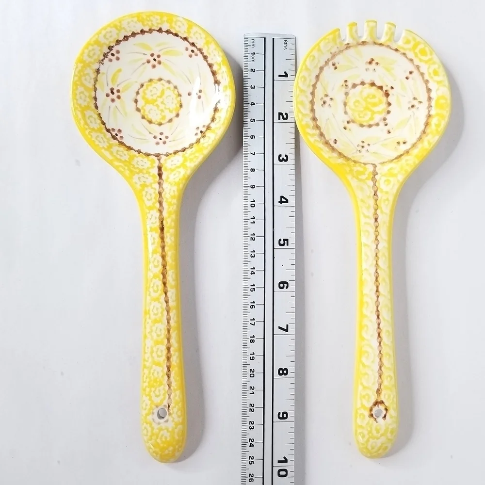 Temp-Tations by Tara Yellow Floral Ceramic Salad Serving Spoon and Fork